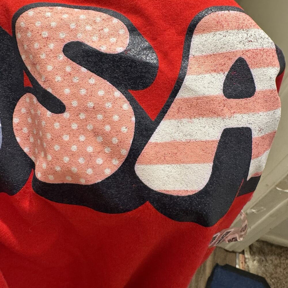 Women's Red Oversized Short Sleeve Graphic USA Patriotic T-Shirt Size Medium - Picture 6 of 6